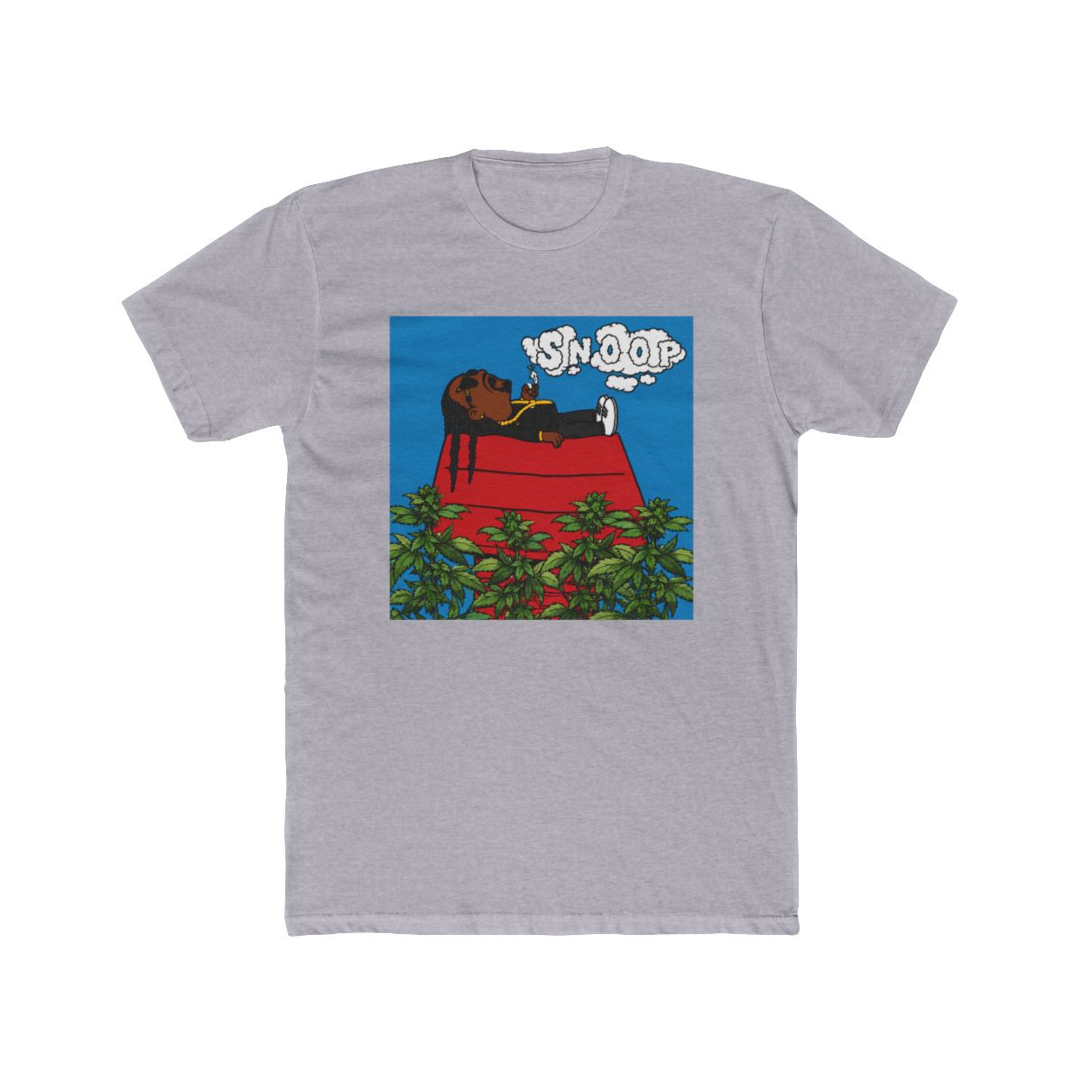 Black crew neck T Shirt with a cartoon illustration of Snoop Dogg on a red doghouse, with the word "SNOOP" above. The design includes green plants and a blue sky background - alternate angle 5, merchandise