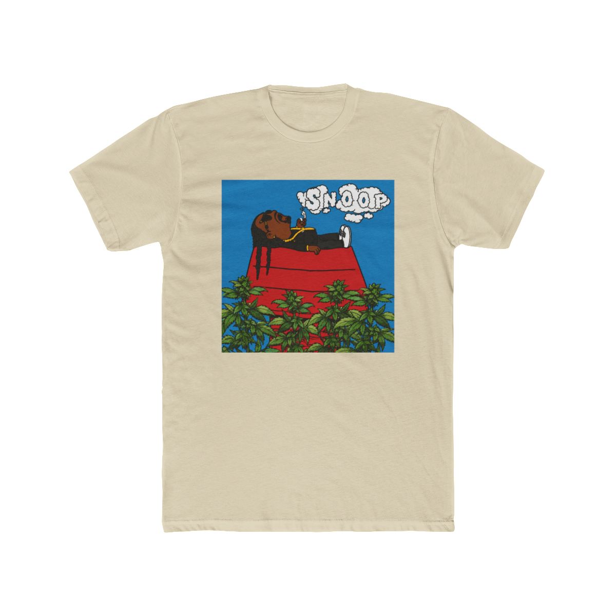 Black crew neck T Shirt with a cartoon illustration of Snoop Dogg on a red doghouse, with the word "SNOOP" above. The design includes green plants and a blue sky background - alternate angle 4, merchandise