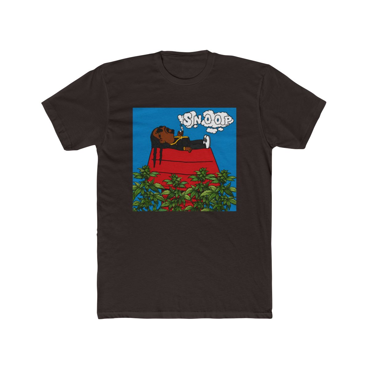 Black crew neck T Shirt with a cartoon illustration of Snoop Dogg on a red doghouse, with the word "SNOOP" above. The design includes green plants and a blue sky background - alternate angle 3, merchandise