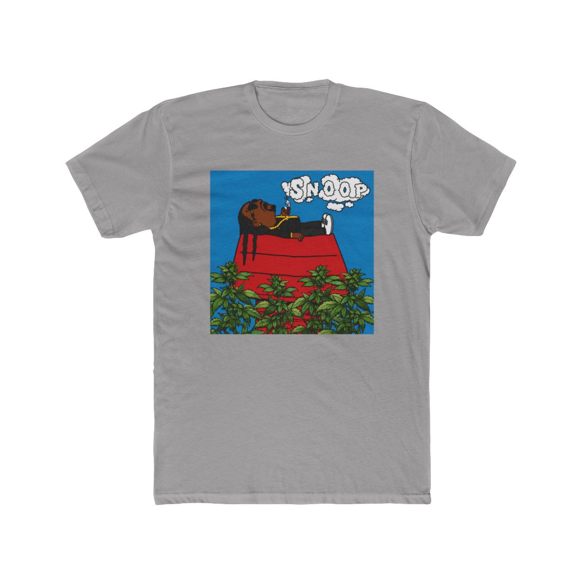 Black crew neck T Shirt with a cartoon illustration of Snoop Dogg on a red doghouse, with the word "SNOOP" above. The design includes green plants and a blue sky background - alternate angle 2, merchandise
